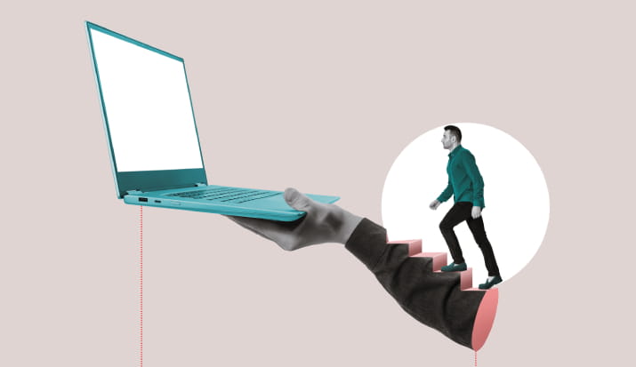 A man walking up a disembodied arm towards a laptop