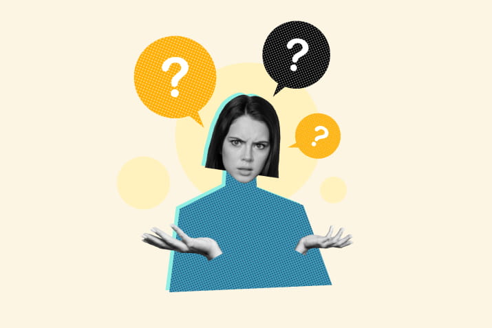 3D art of a woman holding her hands out in confusion surrounded by question marks