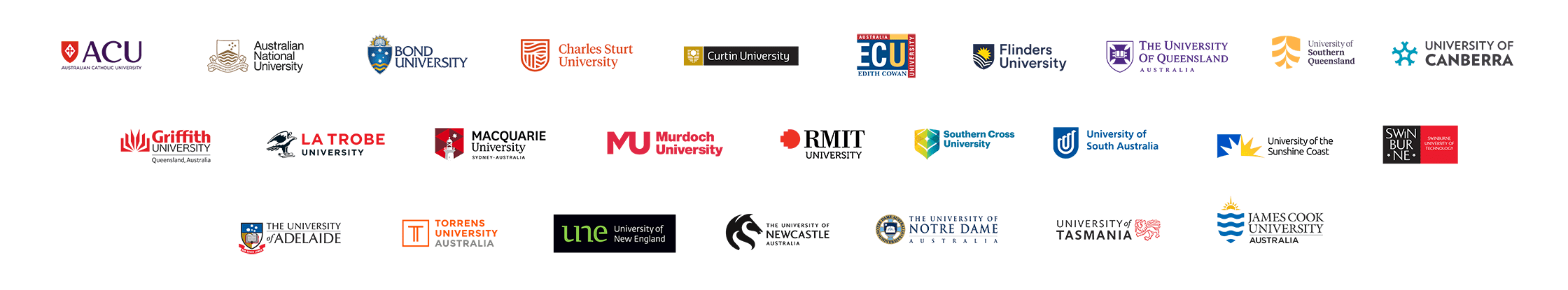 The logos of all the universities that are a part of Open Universities Australia's marketplace as of February 2025